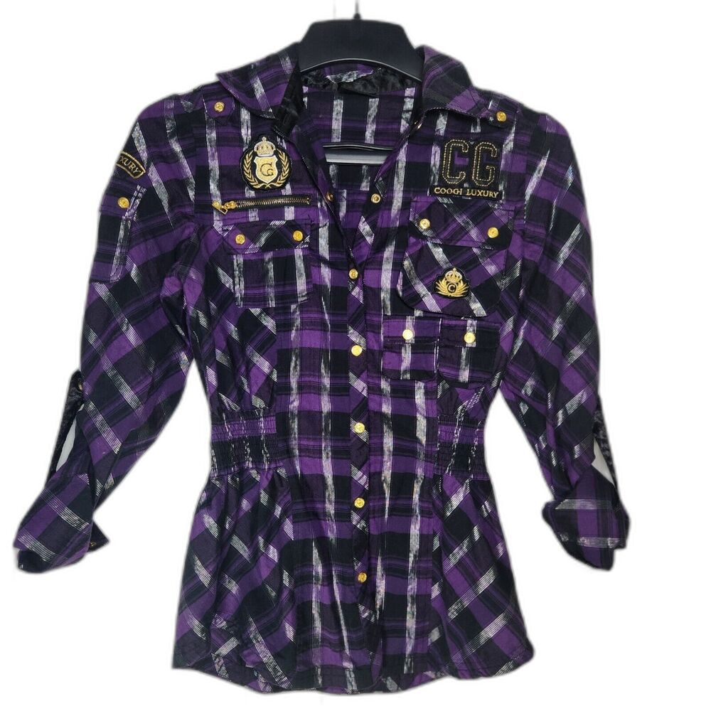 COOGI Women’s Purple Black Embellished Button-Up Snap Shirt Gold Hardware M Y2K